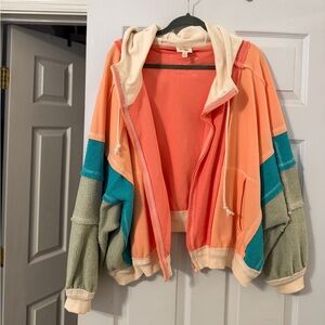 BiBi Cream and Coral Relaxed Fit Colorblock Hoodie